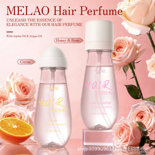 MELAO Hair Perfume with Citrus and Honey & Rose, showcasing elegance with jojoba oil, long lasting alcohol free hair perfume.