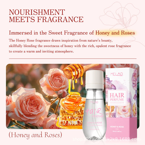 Long lasting alcohol free hair perfume with the sweet fragrance of honey and roses presented in a stylish bottle.