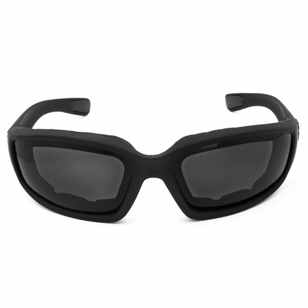 Motorcycle riding glasses wind resistant black sports goggles with protective lenses for cycling and biking.