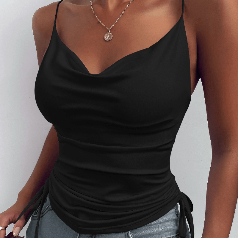 Spaghetti strap v-neck camisole tops for women in black, perfect for summer casual outfits.