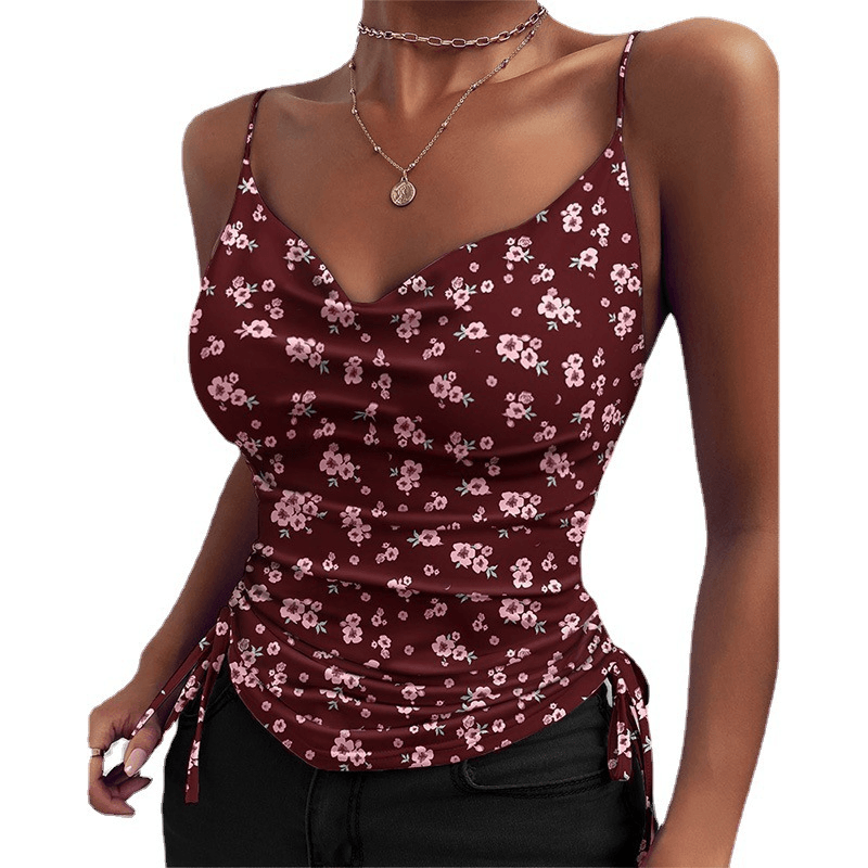 Spaghetti strap v-neck camisole tops in floral pattern, perfect for women's summer fashion.