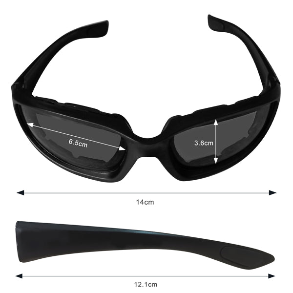 Motorcycle riding glasses wind resistant, featuring a sleek black design with precise dimensions for optimal eye protection.