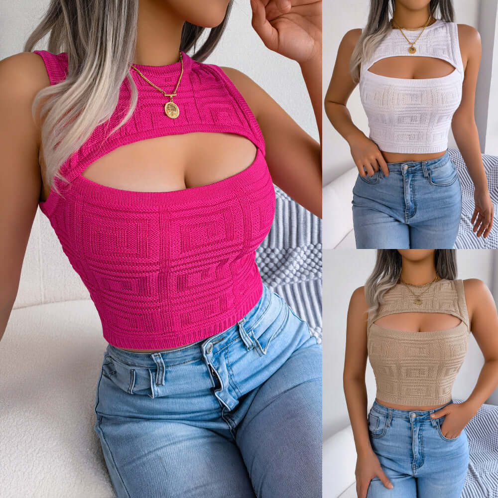 Hollow out sleeveless tank top in pink, white, and khaki, featuring a stylish cutout design.