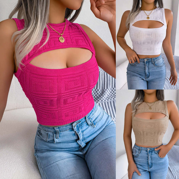 Hollow out sleeveless tank top in pink, white, and khaki, featuring a stylish cutout design.