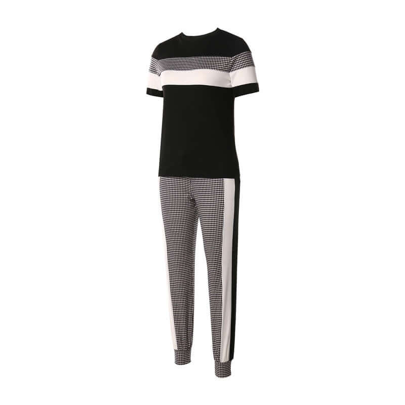 Fashion women sets short sleeve tops high waist pant, stylish black and white striped design, women's short sleeve pant sets.