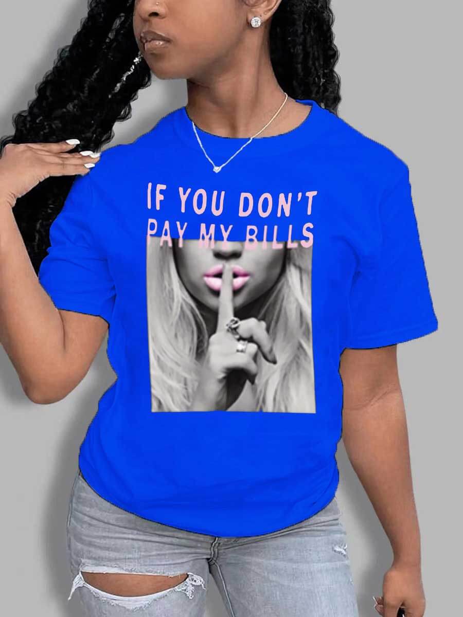 Letter print summer t-shirt featuring bold text design on a stylish blue top for women.