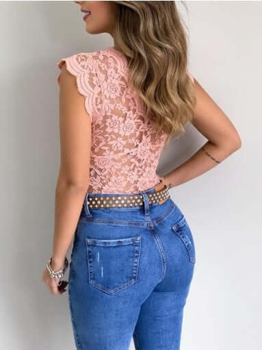New Women Sexy V Neck Lace Vest Top Sleeveless Solid Wire Free Tops in pink lace detail worn with jeans.