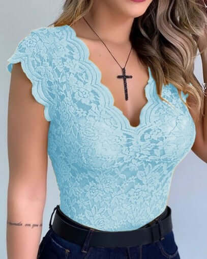 New Women Sexy V Neck Lace Vest Top Sleeveless Solid Wire Free Tops in light blue lace with scalloped edges.