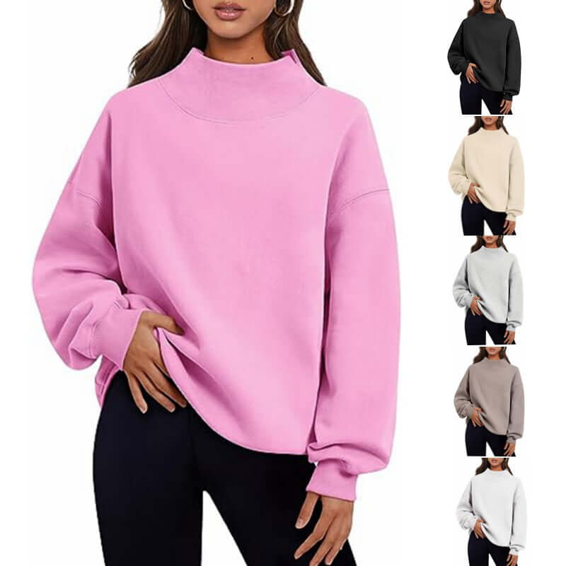 Solid color women's pullover hoodie in pink, featuring a loose fit and round neck design, ideal for casual wear.