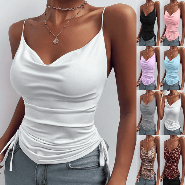 Spaghetti strap v-neck camisole tops in various colors including white, black, pink, and blue, perfect for summer wear.