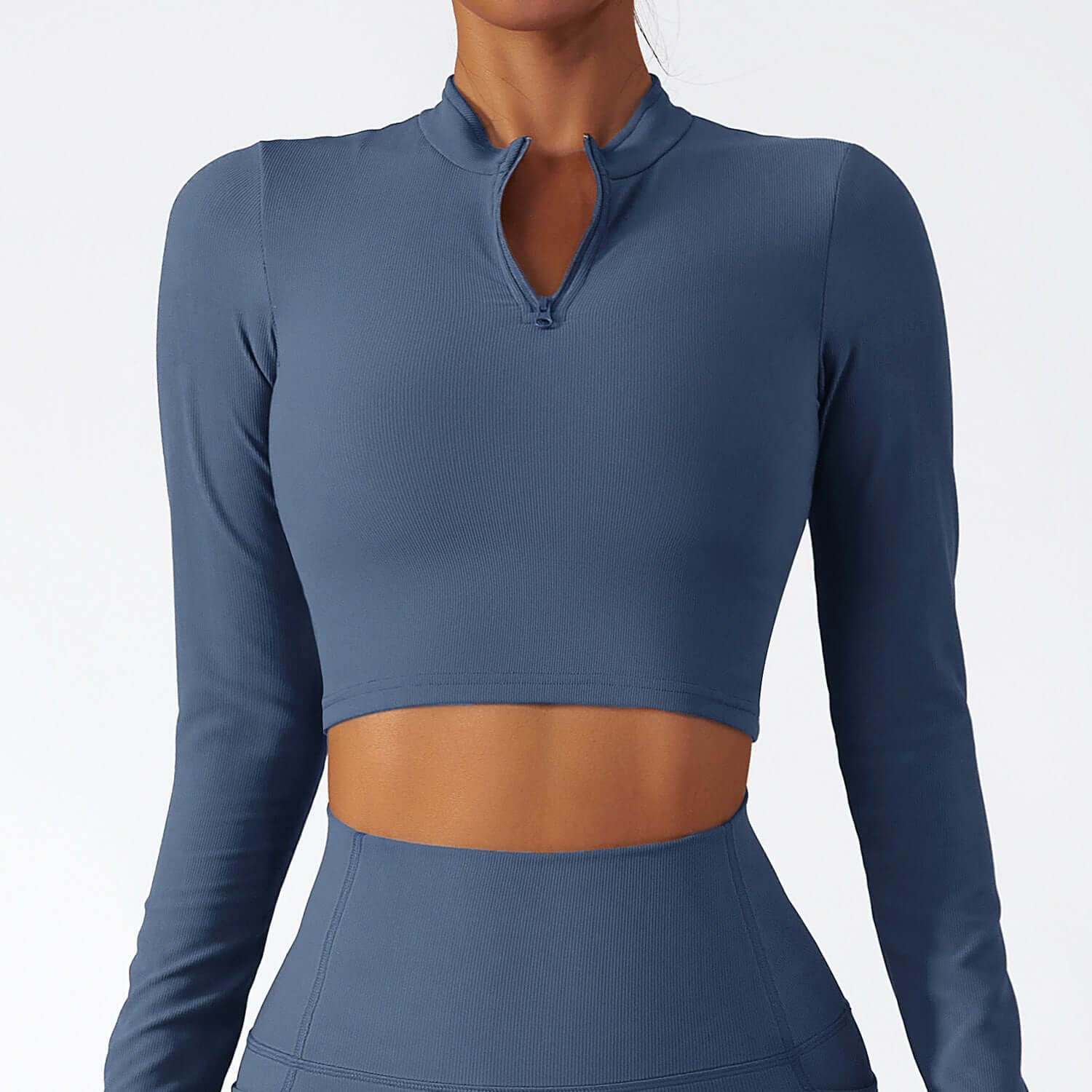 Stand collar zipper long sleeve quick dry yoga tops for women in blue, perfect for comfortable workouts.