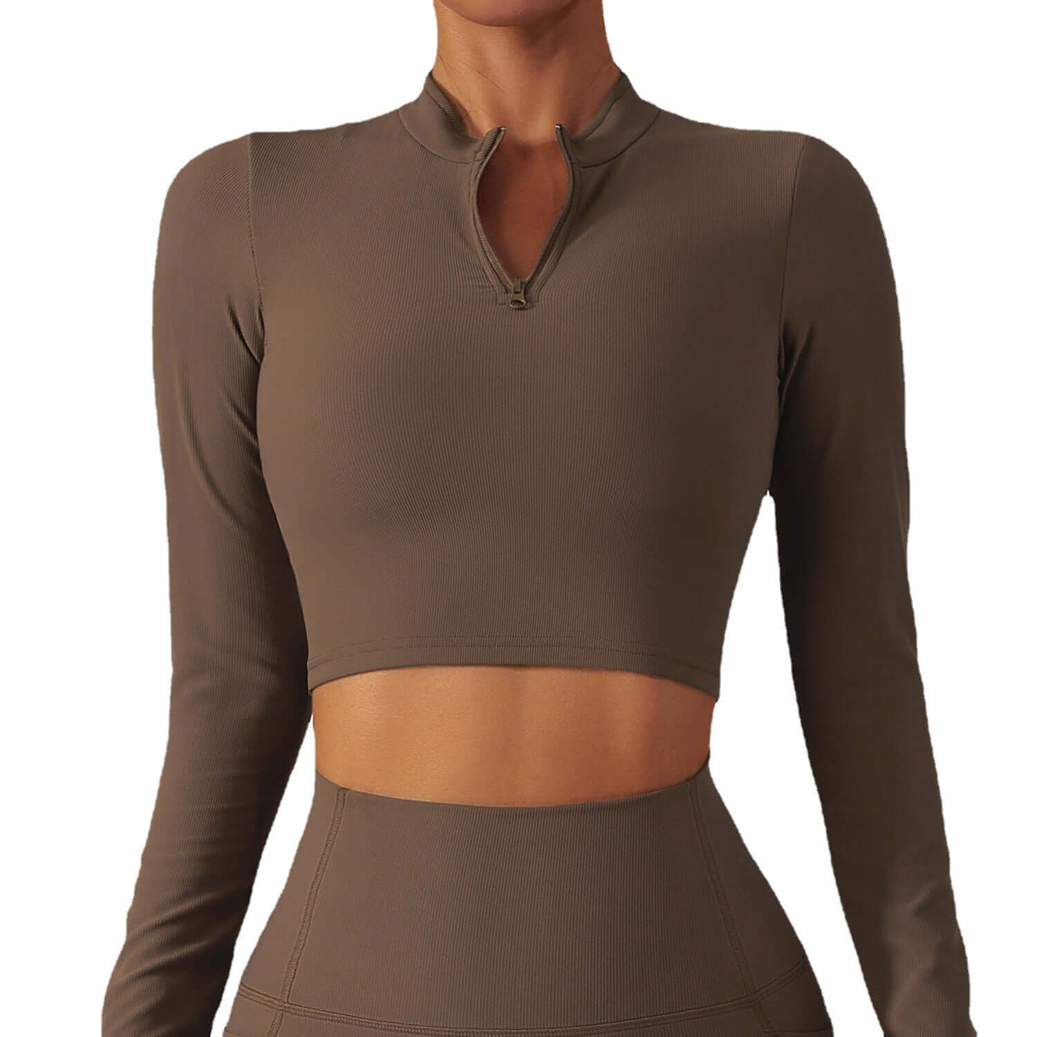 Women wearing quick dry yoga tops for women, featuring a stand collar and zipper design, perfect for yoga workouts.