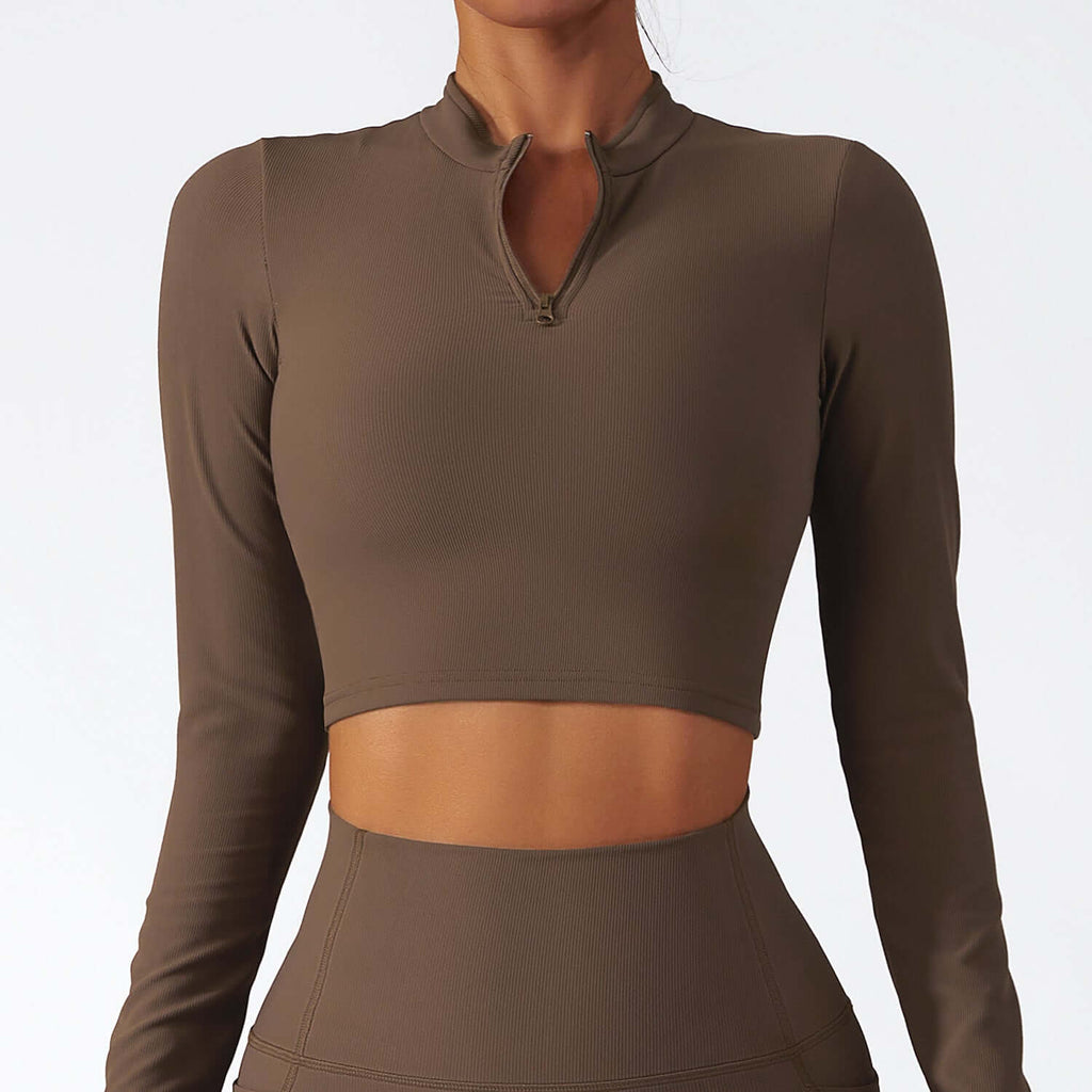 Stand Collar Zipper Long Sleeve Quick Dry Yoga Tops for Women in brown, perfect for comfort during workouts.