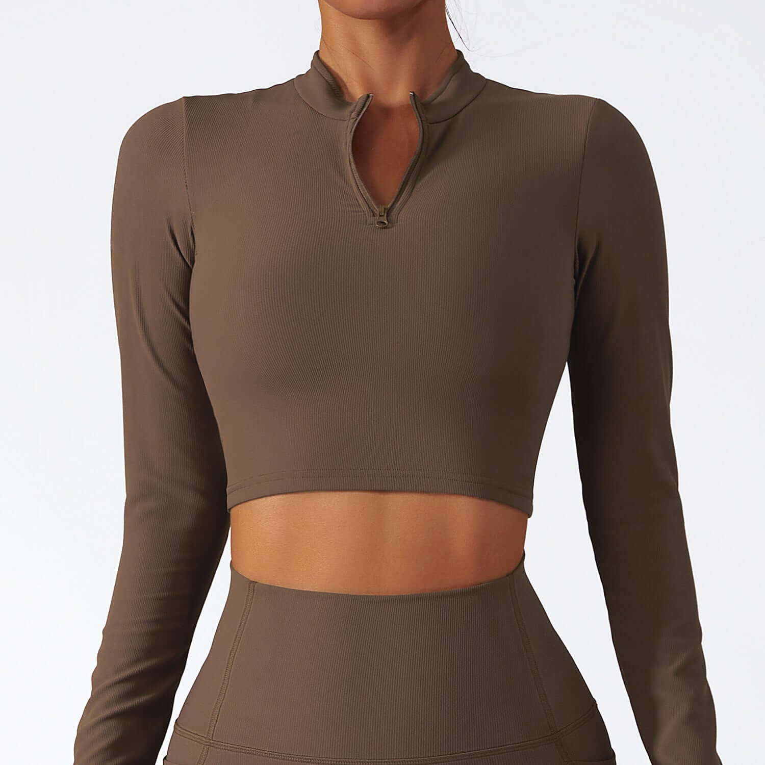 Stand Collar Zipper Long Sleeve Quick Dry Yoga Tops for Women in brown, perfect for comfort during workouts.