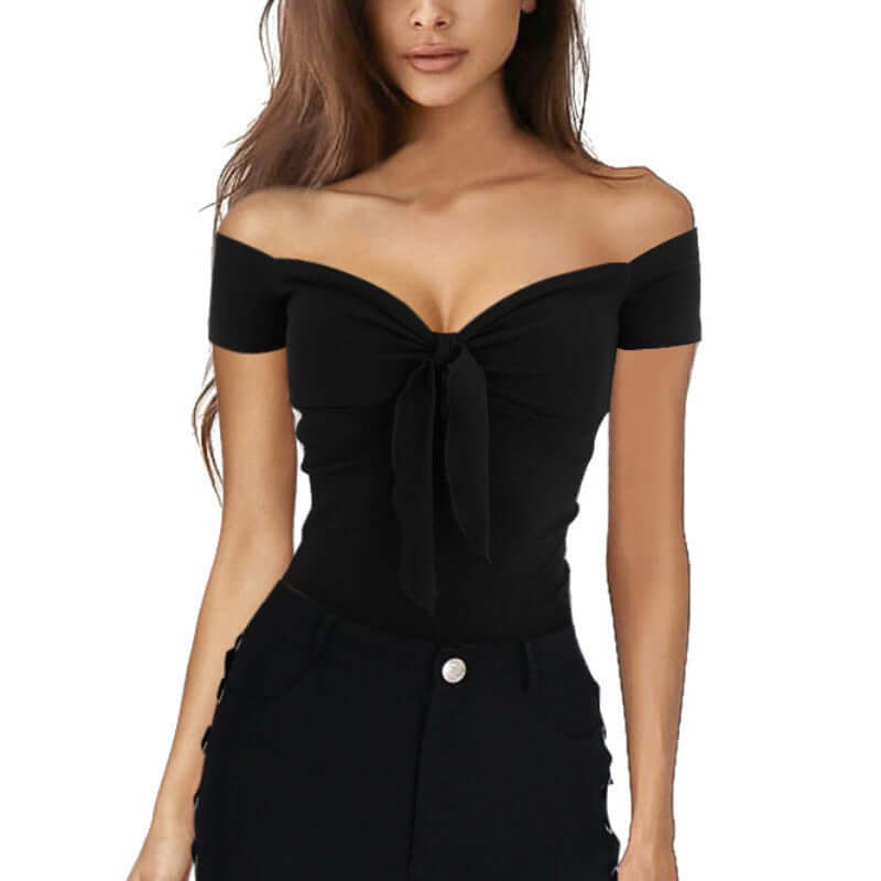 women v collar t-shirt tops in black with off-shoulder design and knot detail