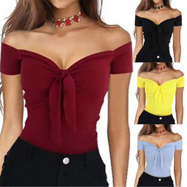 Women v collar t-shirt tops in various colors including maroon, black, yellow, and blue.