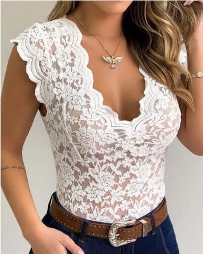 New Women Sexy V Neck Lace Vest Top Sleeveless Solid Wire Free Tops in white lace with scalloped sleeves.