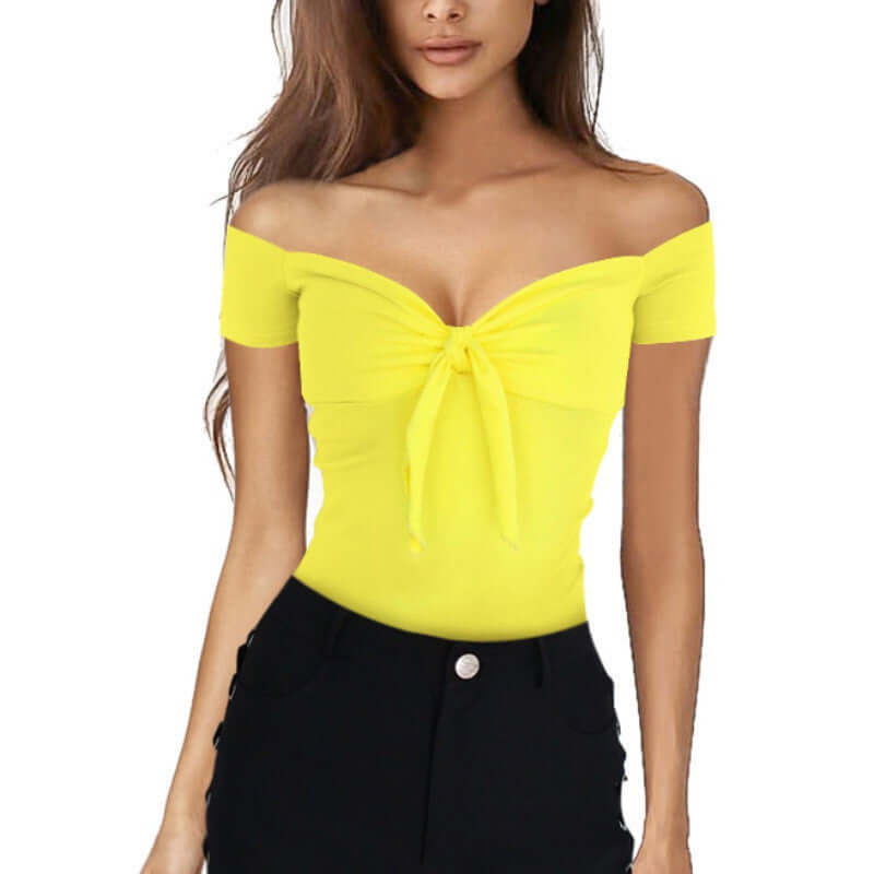 Women v collar t-shirt tops in bright yellow with a tie front design and off-shoulder sleeves.